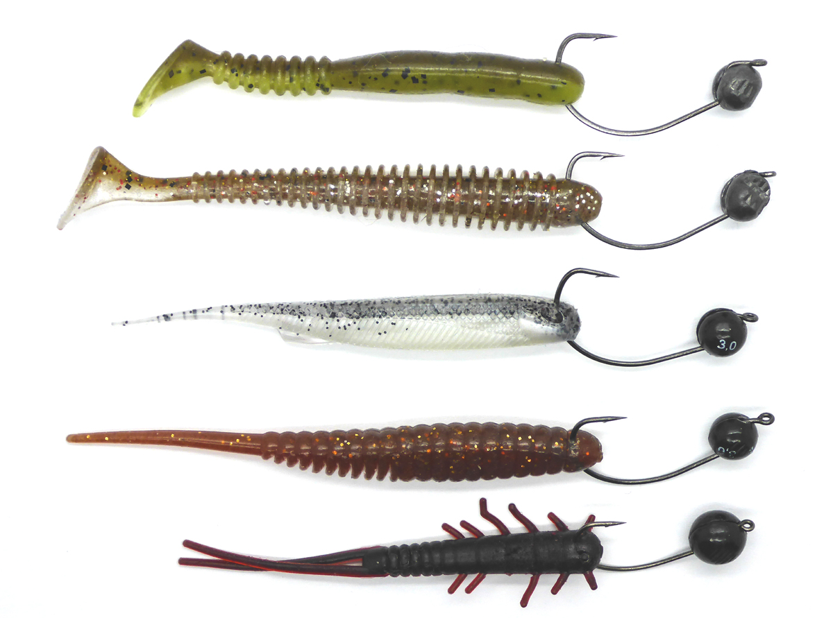 Meine Top 5: Lunker City Hellgies (Libellenlarvenimitat, harte Mischung, bewegliche Füßchen und Fühler), Strom So-Run Spike Tail (Nadelschwanz-Gummifisch, harte Mischung, flexibler Schwanz), NOIKE Machobee oder Redebee (Nadelschwanz-Shad, flexibel, aromatisiert), reins Rockvibe Shad (Action Wurm, flexibel, aromatisiert) und Keitech Swing Impact (Action Wurm, sehr flexibel, aromatisiert).