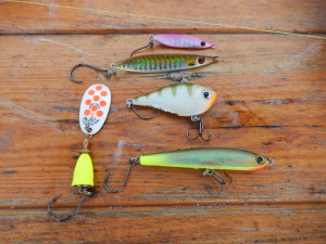 die Köderauswahl: Gomoku Lead Spoon ( Williamson), Rippin´Rap (Rapala), Flutterstick Madflash (Storm) und Vibrax UV (Blue Fox)